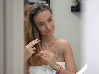 Morning blowjob for stepbrother in bathroom. Hot cum on my face.