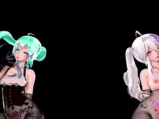 [mmd] Haku & Miku-baam Double Meat Urinal Dance Humiliation Lewd Pattern Transparent Black Silk Riding