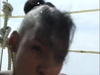 Beautiful black body on the big white cock...black and white on the yacht