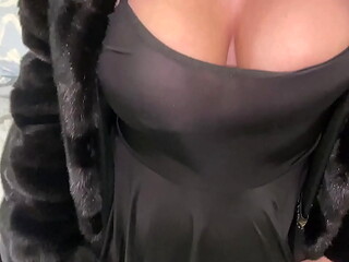 Fucking my friend'_s wife in a fur coat and cumming on her tits