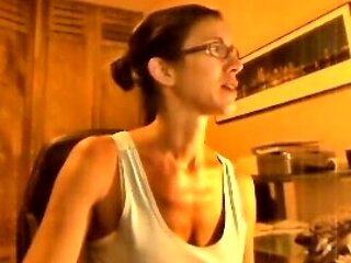 Busty curly brunette with big boobs fucks on couch