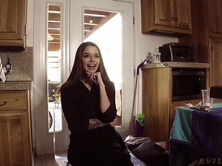 Skinny girl strips down and plays with a hard black cock