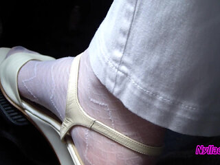 Nyllady Driving in Flats and Changes Her Hosed Feet in Sandals