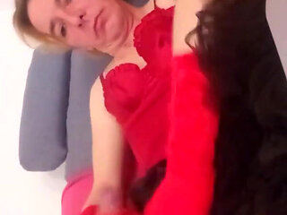 Leatransteen masturbating in red lingerie and cum in own mouth