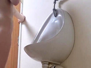 Girl with Nice Ass Strips and Pisses Mens Bathroom Risky Pee