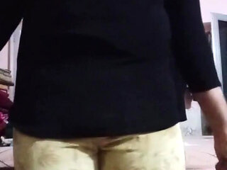Indian Gay Crossdresser Gaurisissy Pressing and Playing with Her Big Boobs in Jeans T Shirt