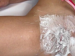 Shaving a Very Hairy Pussy with a Trimmer and a Razor! Model with Natural Tits!