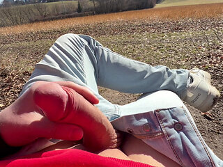 Jacking hard beautiful dick with view and cumming in the sun