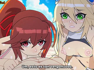 girls have threesomes on the beach and get a big fuck (BlazBlue) (sub espa&ntilde;ol)