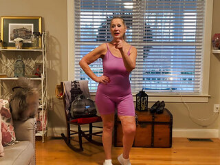 Nude GILF Model Dani D Mature Try on (tight Purple Bodysuit, Leopard Print Bodysuit)