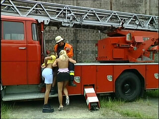 Two Amazing Young Sluts Fucked and Cummed in Mouth by Fireman with Big Cock