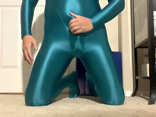 Coral Blue Amoresy Spandex Suit, Sexy Jerk Off with Condom and Cum