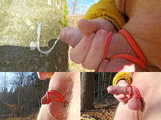 New Year Handjob 2026 - Fun Outside in the Forest with Cock Ring Slow Motion