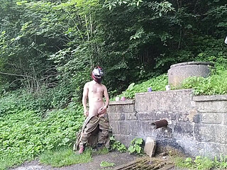 Jerking off in Public on the Road Near a Spring, Caught by a Young Man Masturbating Completely Naked