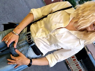 Public wetting in the middle of the city! Tranny walking with wet jeans!