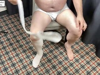 Unpacking New White Knee Socks and Masturbate with a Rubber Glove