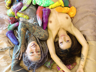 Lesbians EXTREME ANAL play with Crazy Toys GAPING and Moaning in colorful fishnets