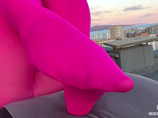 Pink Nylon Tease on the Rooftop at Sunset - Feet and Big Ass
