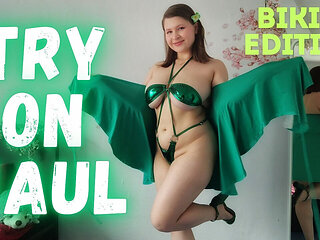 Try on Shiny Green Micro Bikini Beach Walk on Treadmill with Countdown
