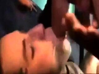 Bareback Gangbang Twink Gets Mouthful of Cum