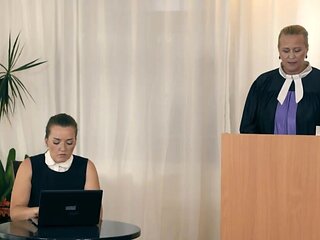 Old bitch in leather pants tries to take a young dick