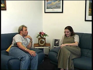 Young babe sucks a hard cock to a mouth cumshot on the sofa