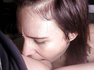 Goth Giving a Closeup Deepthroat Blowjob Under the Desk While Working