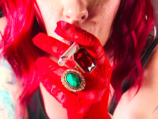Stunnng Red Haired Cougar Tina Snua Smokes A Cork 100 Cigarette In Red Lace Gloves - Smoking OMI Snap Inhales Nose Exhales