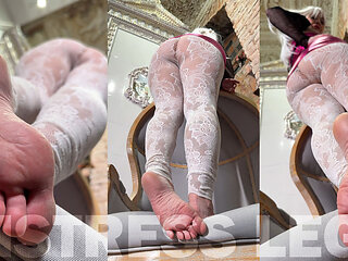 Barefoot Tease on Chair - Close-up Wrinkled Soles and Lace Covered Ass