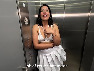 LATINA COUGAR NEIGHBOR humps a BIG BLACK COCK in the office elevator, unclothes the love glove, internal ejaculation, bi-racial