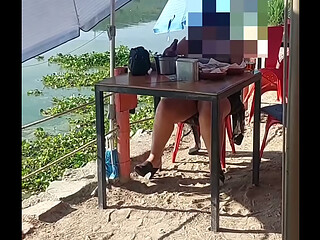 Open legs, no panties under table on bar