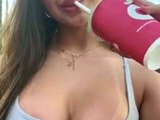 Busty curly brunette with big boobs fucks on couch