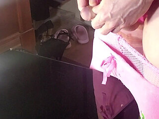 Sissy in Pink Fishnets Moans as She Dribbles Her Cum All Over the Table Phonecam Version