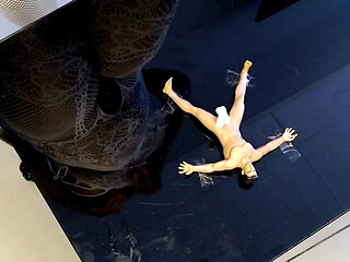 Mini Man Held and Milked in Bondage - Tiny Cock Sucked, Taped to Glass Table, Handjob, Giantess Mael