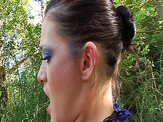 Cute French doll eats cum after hard anal fuck in the woods