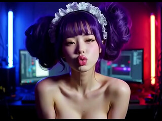 A lovely Asian girl in a cyberpunk computer room office, Ai animation