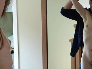 Stepdaddy wants to know if I'm beautiful in stepmom's clothes, lets me rub his cock and fuck my throat