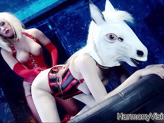 Lesbian in pony costume gets fucked in fetish 3some scene