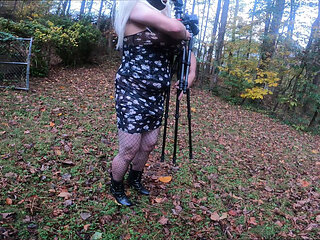 Giant fake tits crossdresser walk in the woods behind the scenes photo shoot