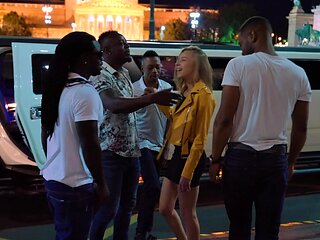 Four guys with huge cocks for a hot blondie in a gangbang