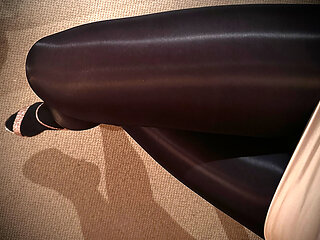 Glossy Black Pantyhose Layers & Shiny Gold Heels