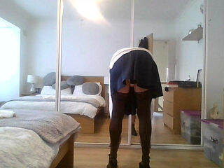 new winter items  brown stockings, blue skirt white under wear heels legs uk