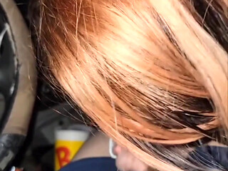 Cute babe gives my huge dick a hot blowjob in the car