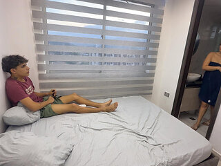 Stepson masturbates seeing the underwear of his big ass stepmom and they end up having a good fuck.