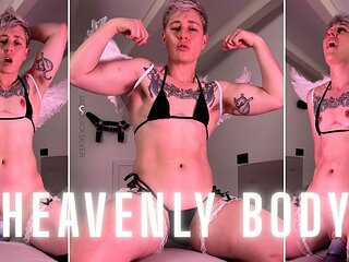 FtM Angel Boy Rides Thick Dildo and Masturbates Big Clit with Trans Cosplay and Bikini and Flexing