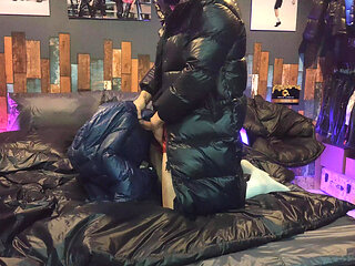 Cock Rubbing Down Jacket on Shiny Nylon Bed