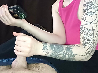 A modest stepdaughter watches a movie and at the same time jerks her stepfather's