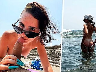 Public Blowjob on the Beach from a Big-assed Beauty