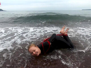 Hogtied in a Wetsuit - Rope Bondage Escape Challenge on the Beach