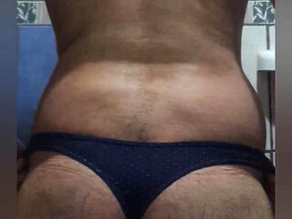 Having fun at bath using sexy thong and jummy cumm